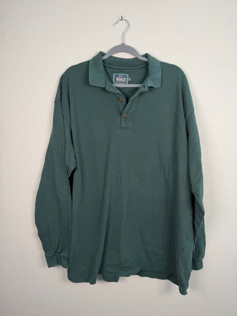 Vintage Woolrich Long Sleeve Polo Shirt Men's XL Green Casual 100% Cotton Rugby